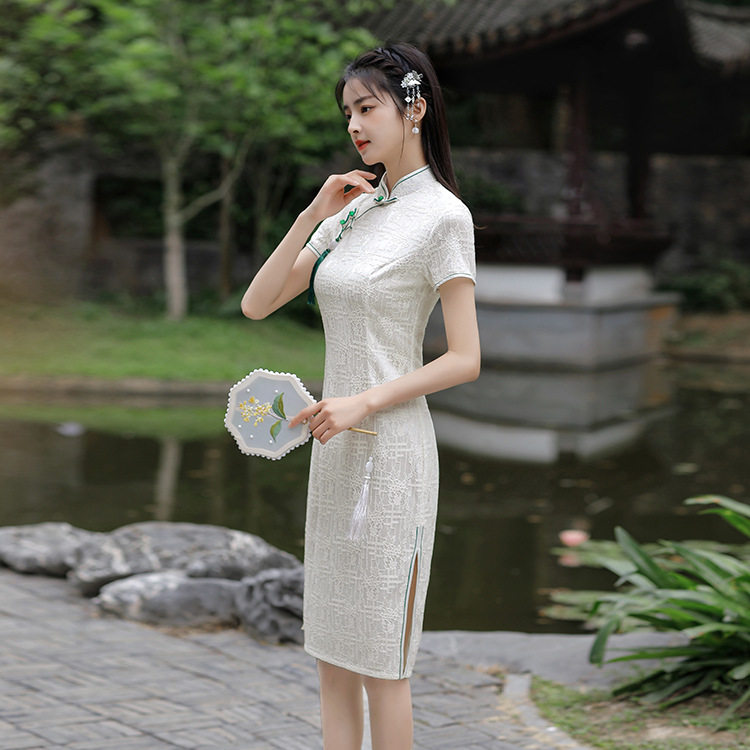 靓依铺夏季气质改良短袖蕾丝中长复合立领年轻显瘦修身旗袍连衣裙