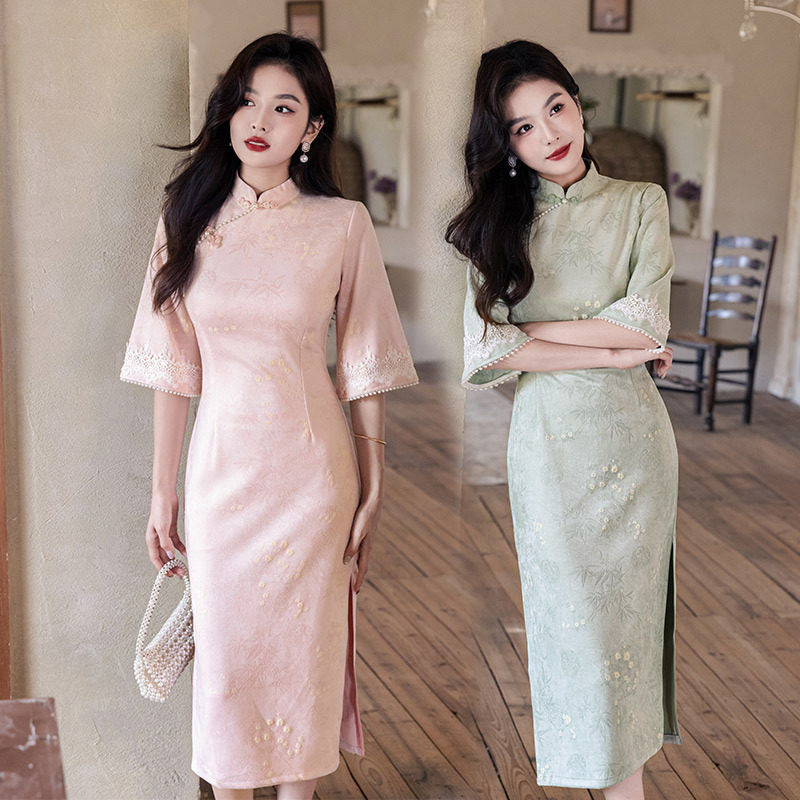 新中式粉色改良新中式倒大袖旗袍女2025秋季新款麂皮绒改良年轻