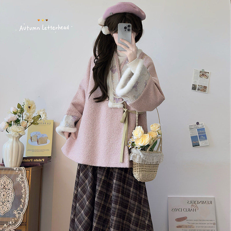 洛竹对穿交短袄毛呢格子八破群显瘦国风明制汉服套装女秋冬日常,女装/女士精品,汉服套装,淘宝优惠券,粉丝福利购,淘宝优惠卷