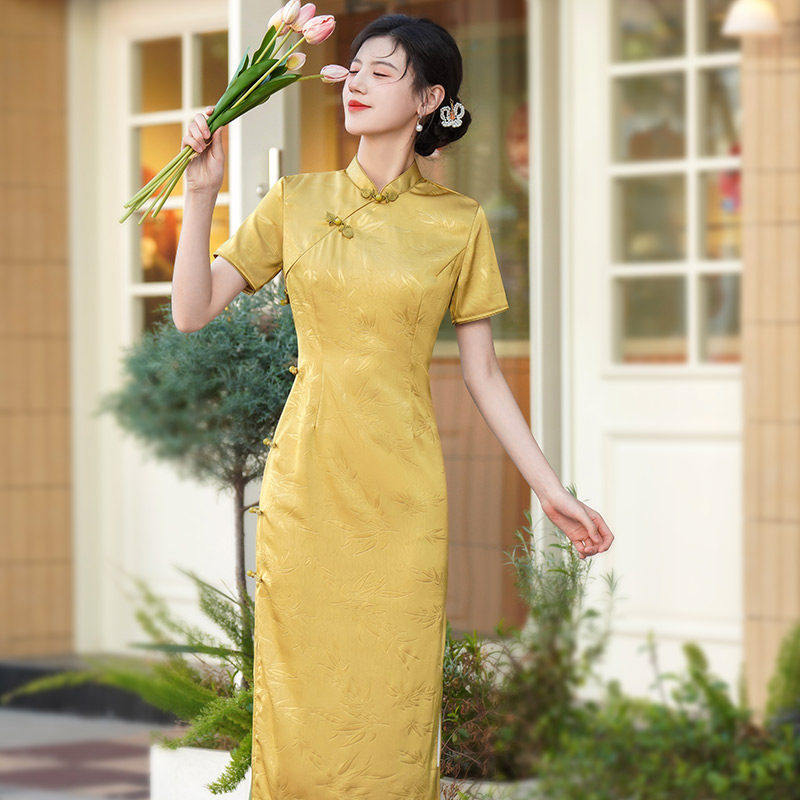 黄色送考新中式苏州长款旗袍改良年轻款2026新款女感小个子夏