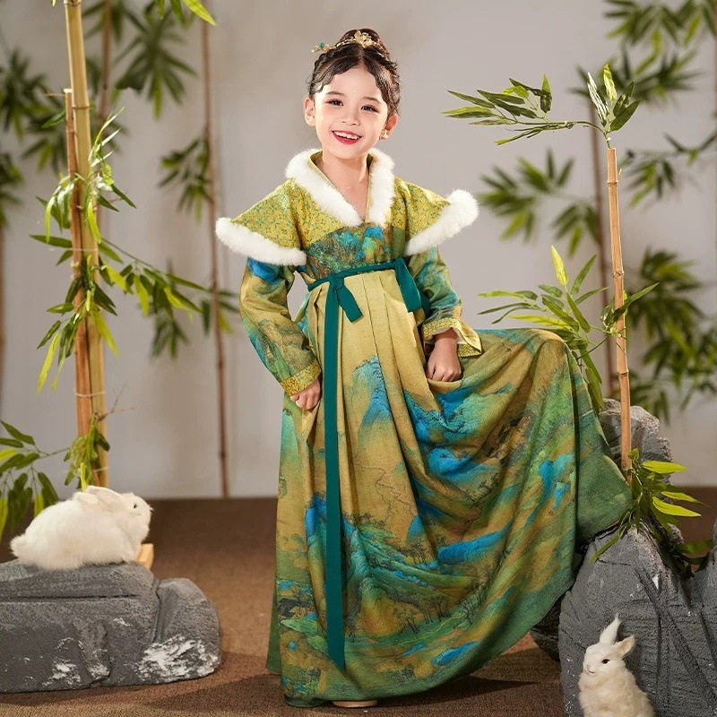 原创汉服女童冬装新中式儿童古风襦裙千里江山图古装中国风女唐装