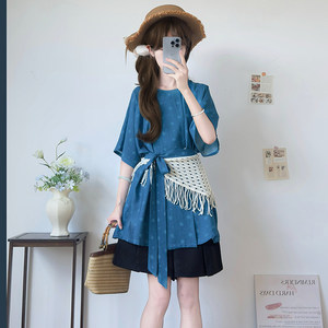洛竹服饰【莺雀】唐制汉服圆领衫套装女夏季短袖日常显瘦蓝色古风
