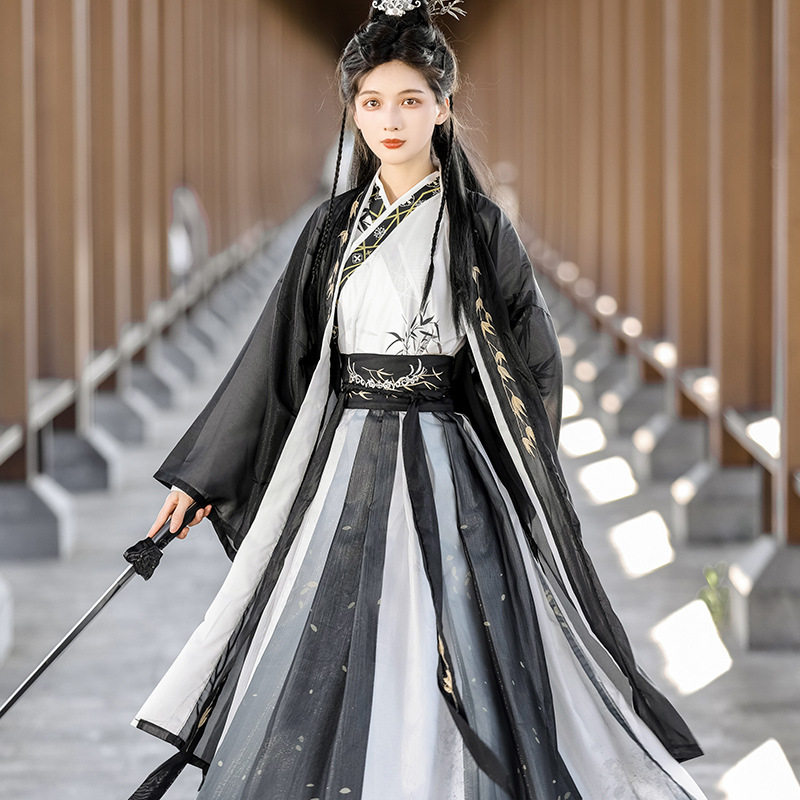 宋制曹县汉服男女同款成人长褙子齐腰裙黑色武侠水墨风日常春秋季