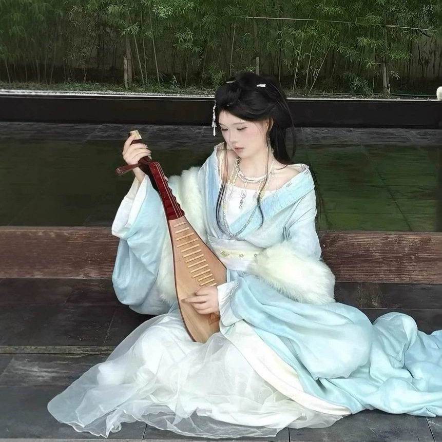 魏晋风汉服女古风大袖衫毛领交领襦裙清冷感仙气飘逸秋冬演出服