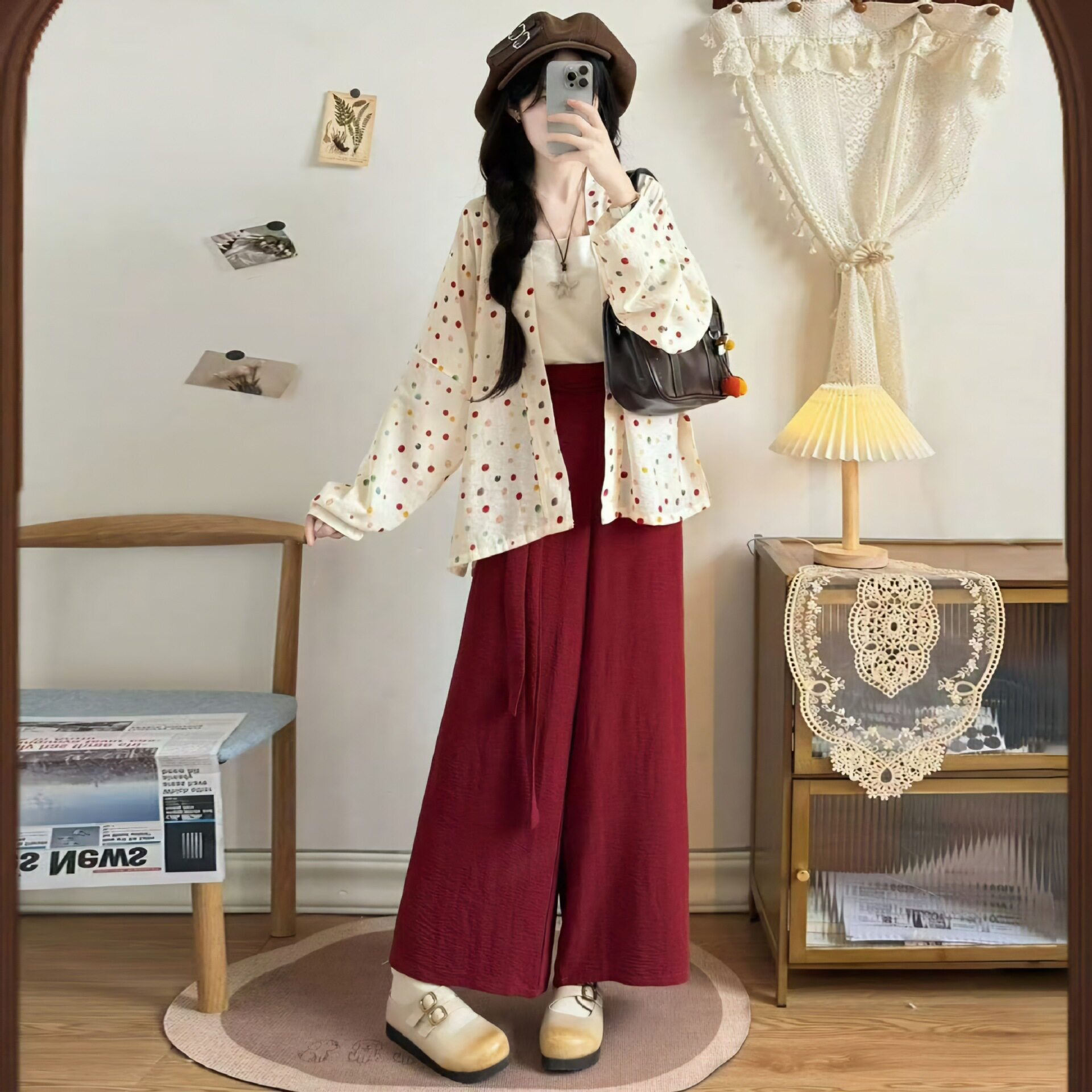 宋制汉服飞机袖天丝吊带阔腿裤日常通勤百搭改良套装春夏秋三件套