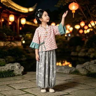 儿童汉服女童晋制古装七分袖上衣松紧束脚裤中秋灯笼游园摄影套装