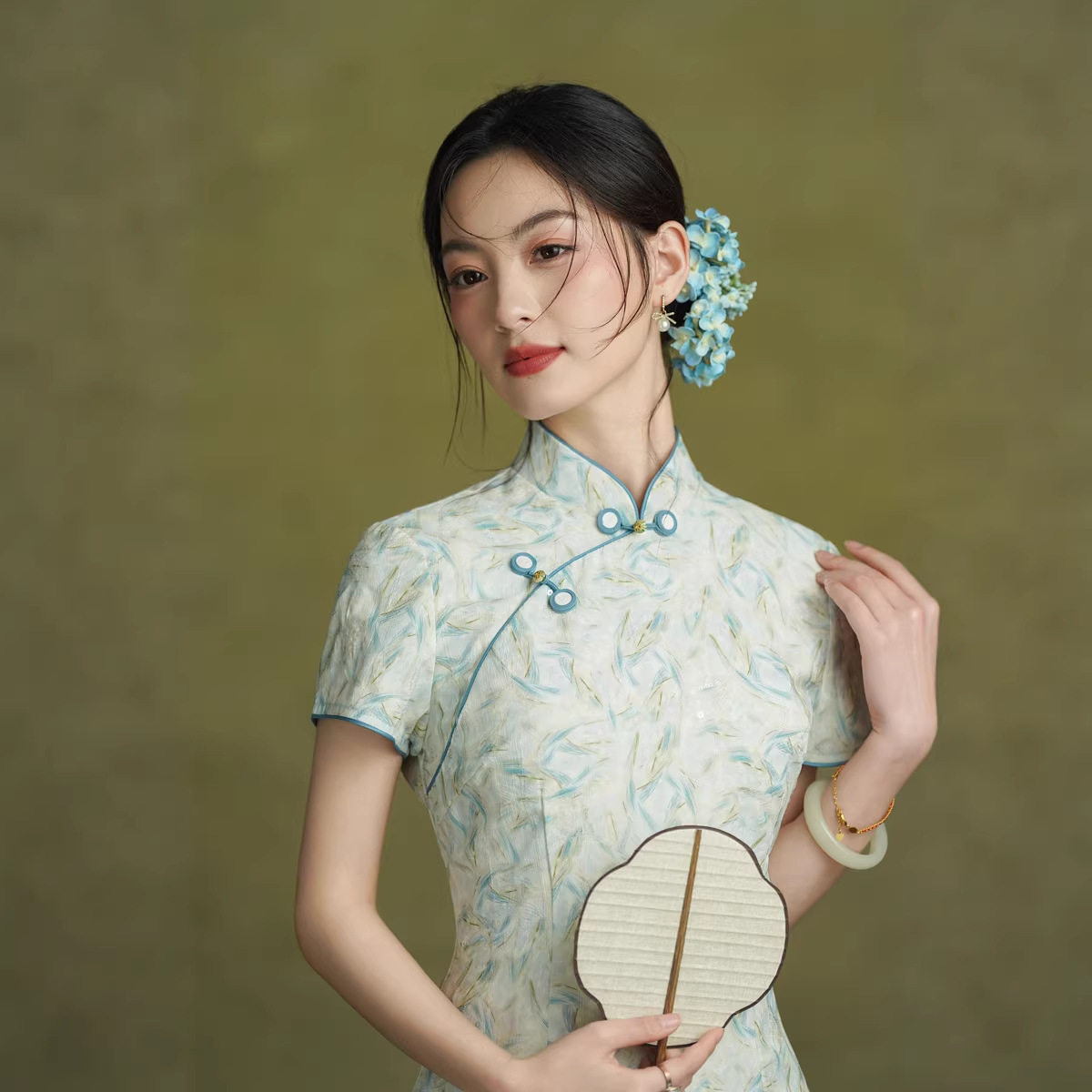 小清新年轻款女孩旗袍国风复古修身短袖印花显瘦气质文艺风中国风