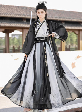 宋制汉服男女同款2026新款黑色长褙子齐腰裙武侠水墨风日常春夏季