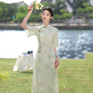 绿色显瘦奥黛新中式改良旗袍年轻款女国风复古短袖连衣裙日常可穿