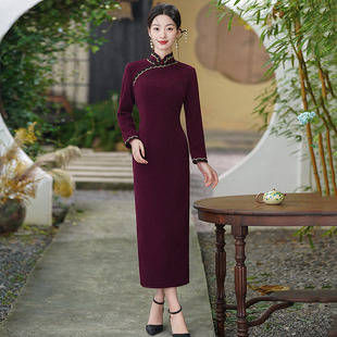 红色国风新中式冬季长袖旗袍改良2026新款女复古修身妈妈装秋冬装