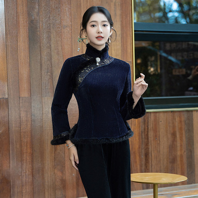 显瘦妈妈装加厚冬款旗袍上衣2025新款中国风复古长袖改良两件