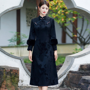 黑色加厚冬装国风新中式长袖旗袍2026新款年轻款改良连衣裙女冬季