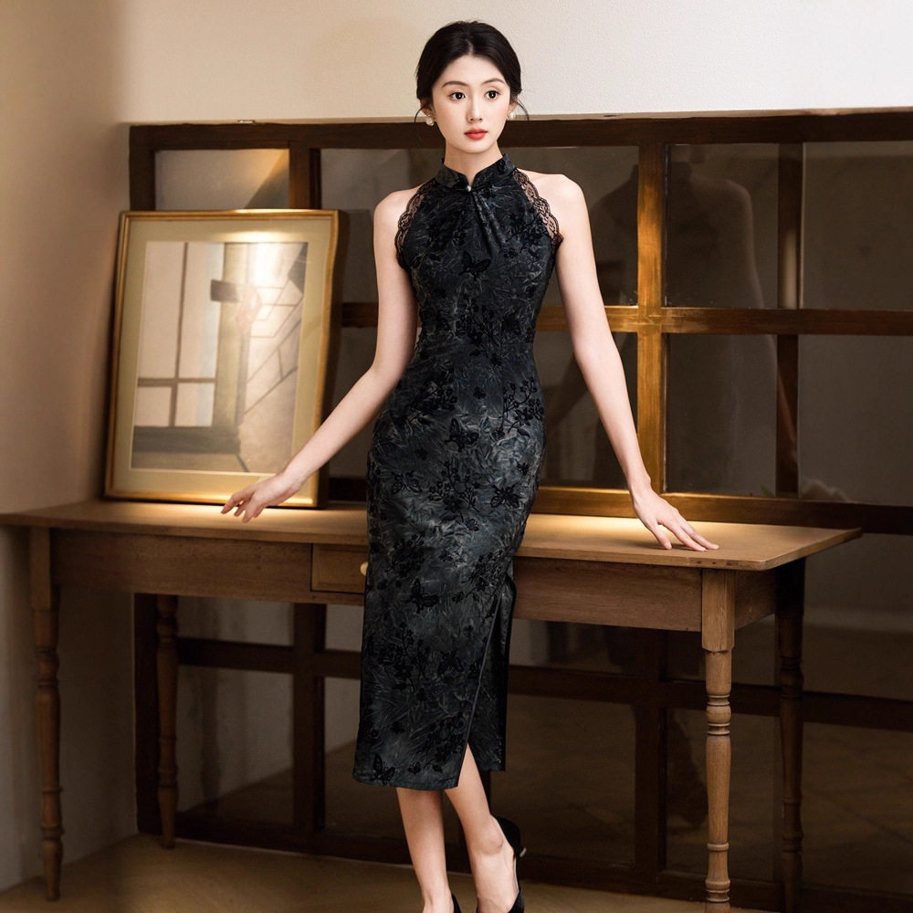 挂脖旗袍性感黑色显瘦2026年新款夏款年轻款裙新中式改良礼服