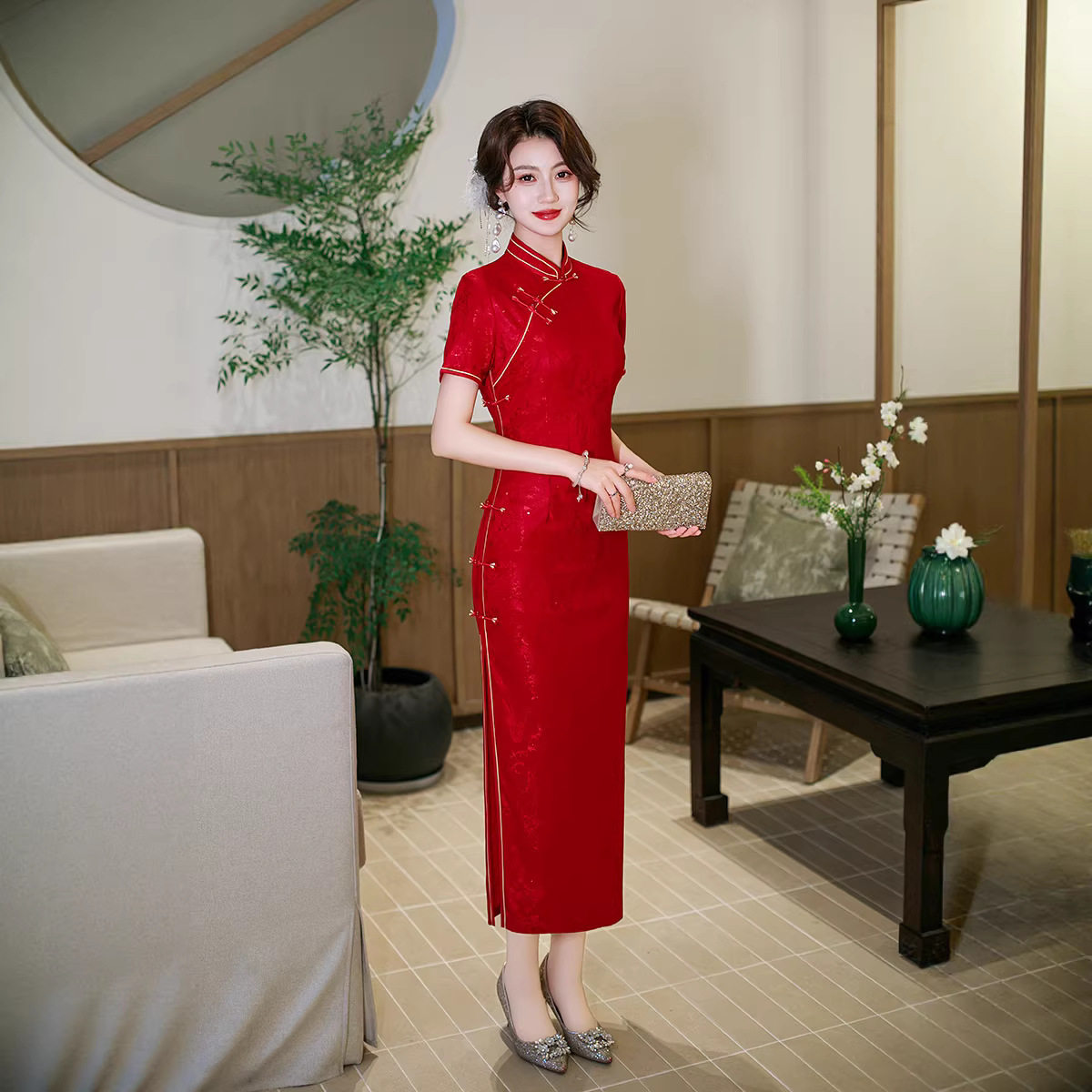 2026喜婆婆春夏新款改良旗袍年轻款日常修身高腰气质红装敬酒服女