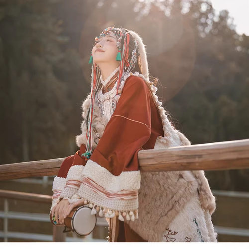 旅拍异域风情民族服饰汉服立领对襟长衫印花百褶裙藏族民族服
