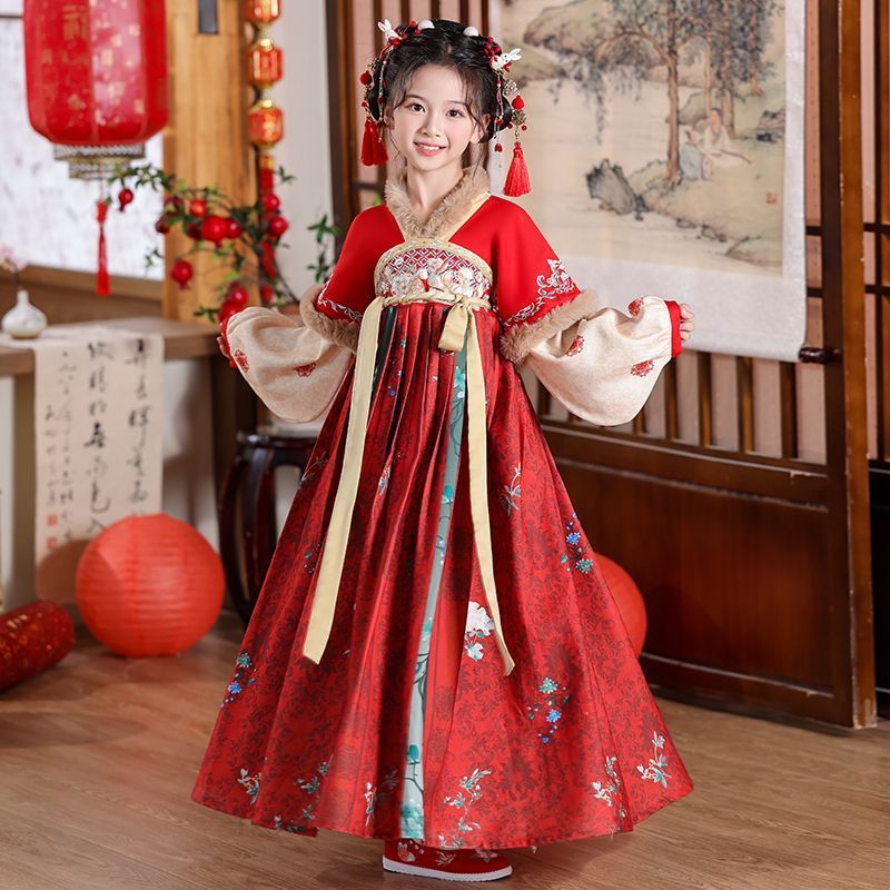 女童汉服冬季拜年服古装女宝宝加绒秋冬款中国儿童古风唐装过年服
