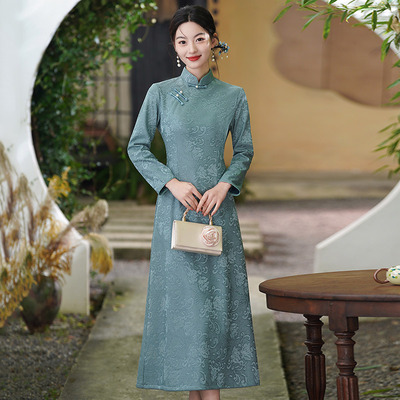 蓝色国风新中式秋季长袖改良旗袍2025新款女复古妈妈连衣裙秋冬装
