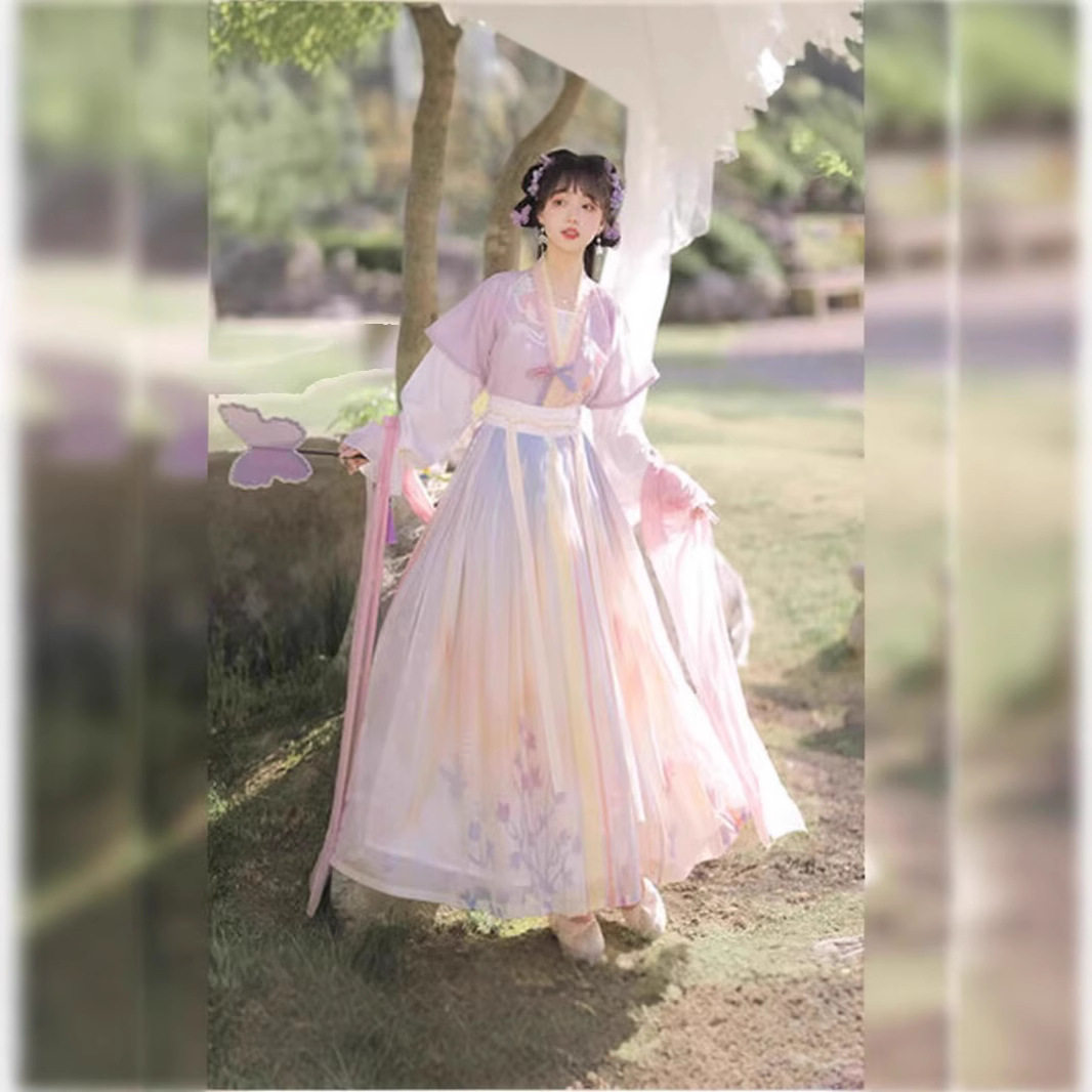 汉服女唐褙子圆领短衫褶裙原创齐腰中国风日常成人古装春秋季全套