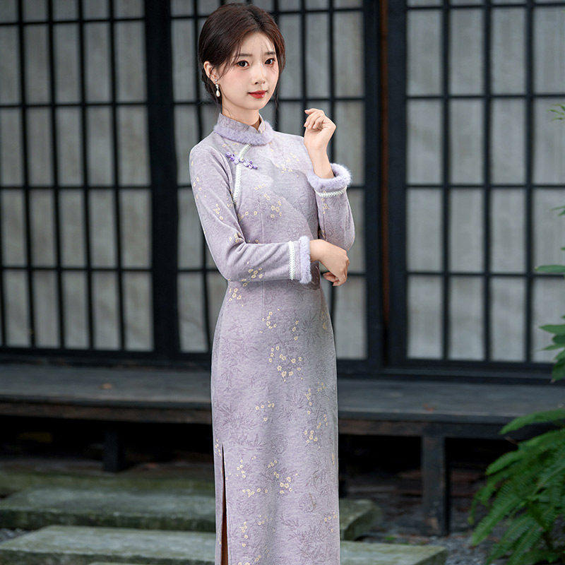 紫色新中式国风长款改良长袖旗袍秋季2026新款女复古收腰日常可穿