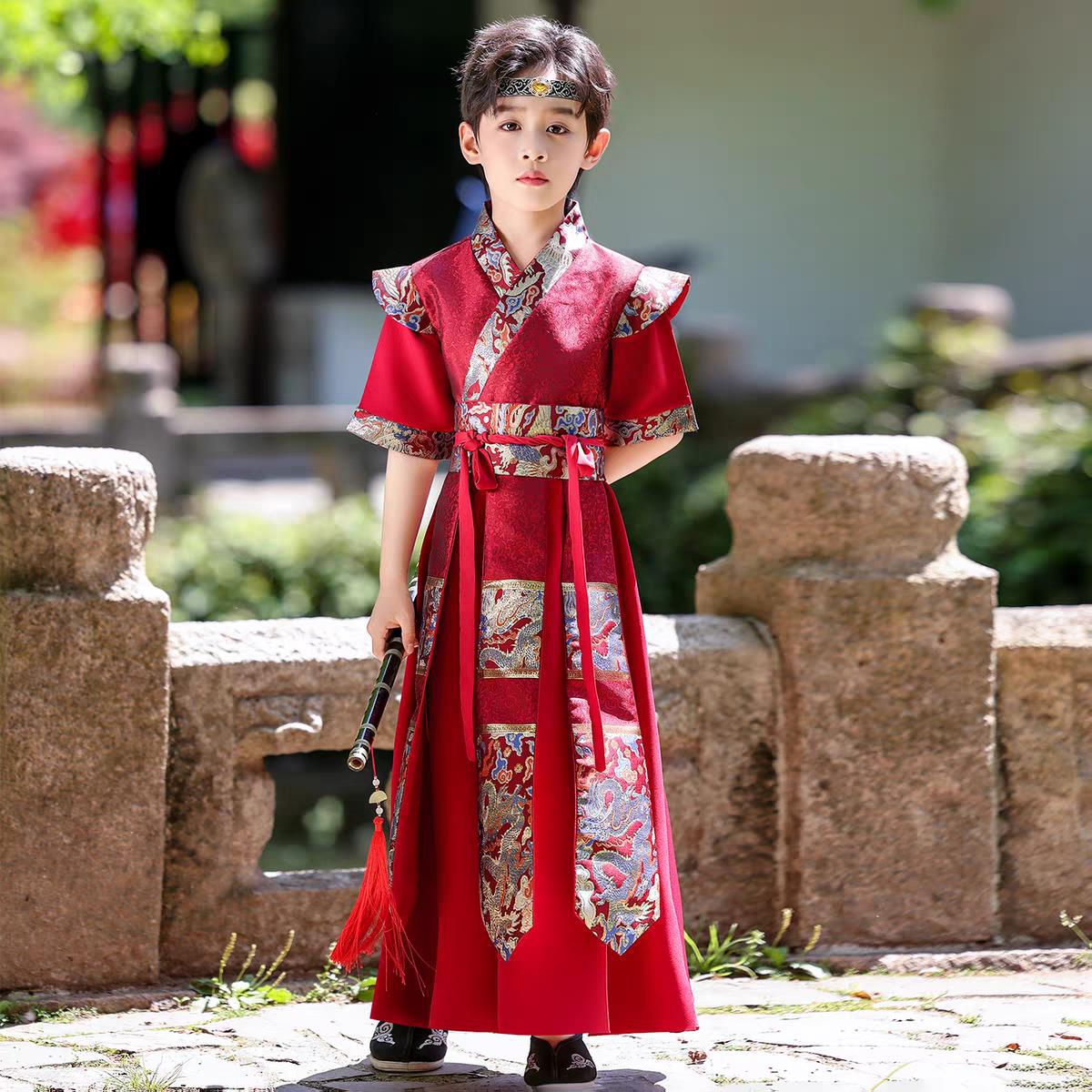 花木兰儿童演出服男童汉服锦衣卫飞鱼服剑客武侠短袖女童演出服