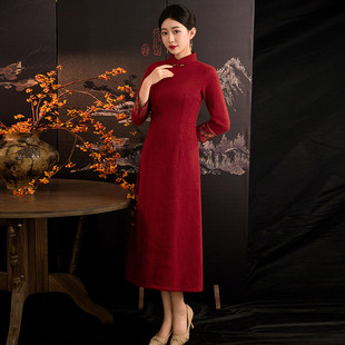 红色加厚冬装国风新中式长款长袖改良旗袍2026新款女拜年服冬季