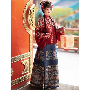 新款原创汉服女明制印花立领对襟短衫琵琶袖马面裙秋冬款古风套装