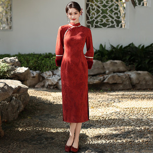 红色加绒加厚冬装国风中式长款长袖旗袍改良女复古收腰拜年服冬季