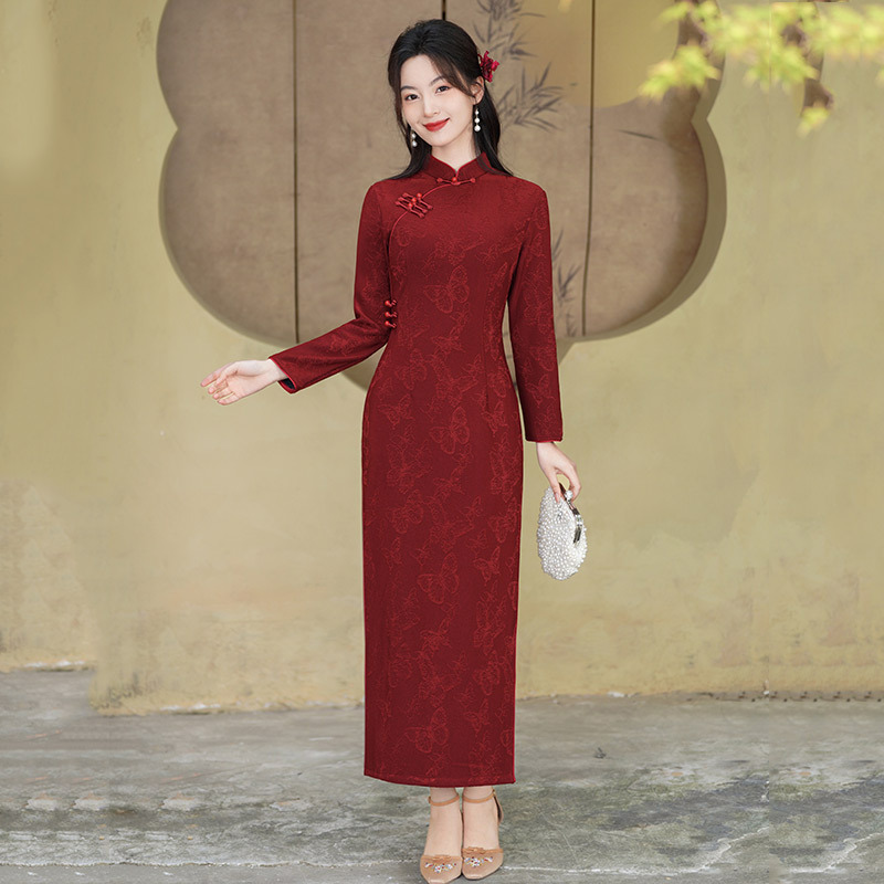 红色加厚冬装国风中式长款长袖改良旗袍2025新款女复古拜年服秋冬