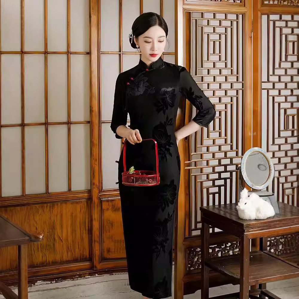 靓依铺2026黑色春夏季新款中老年女士中袖袖旗袍长款复古改良旗袍