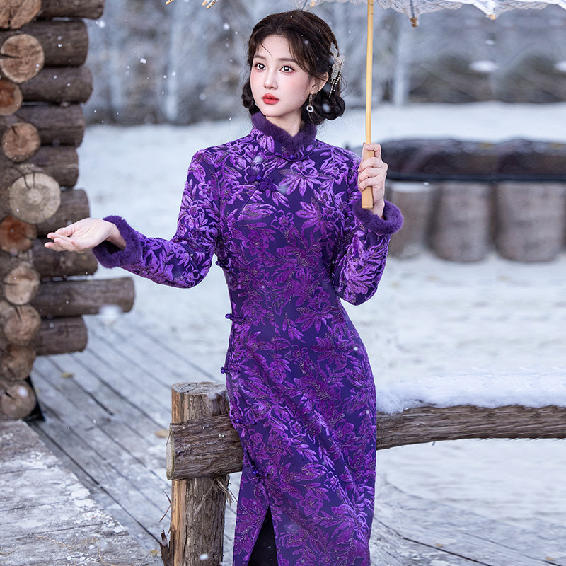 紫色加绒国风苏州长袖改良旗袍冬季厚款女新中式复古收腰妈妈秋冬