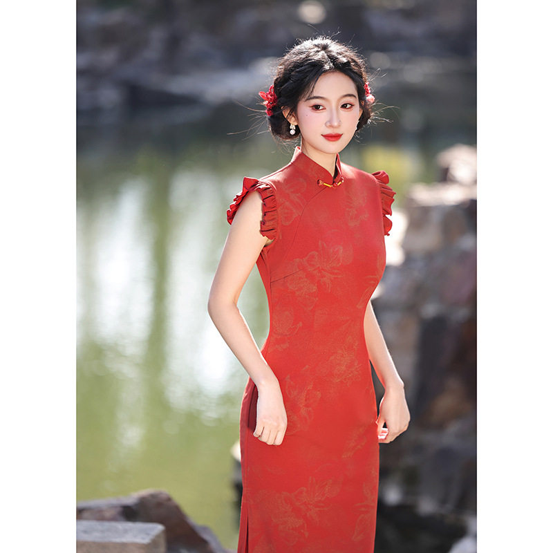 红色旗袍敬酒服春夏新款订婚礼服裙小个子日常可穿飞飞袖长裙