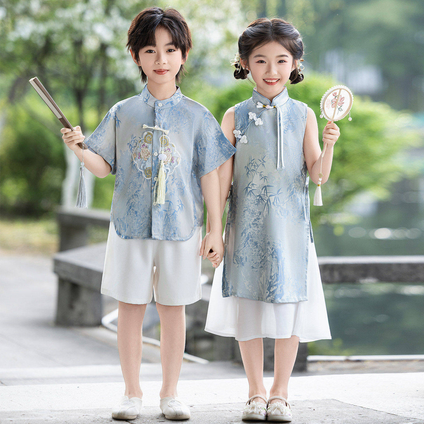 儿童汉服男童表演服夏装古风唐装中国风女童中式旗袍合唱演出服装