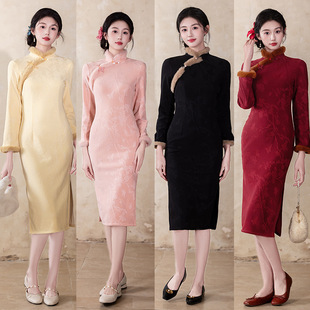 粉色旗袍冬装女新中式秋冬季新款加绒加厚小个子订婚日常年轻款女