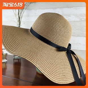 帽子女夏天沙滩帽海边渡假帽 蝴蝶结飘带遮阳帽女防晒草帽可折叠
