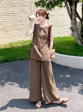 首发现货 轻熟风木耳边上衣阔腿裤两件套2C139-6889-P155-K248