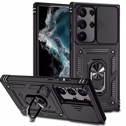 适用三星s25ultra手机壳S24加推窗S22+遮挡摄像头S23保护套S21滑盖S20带指环s23fe支架S10十镜头盖galaxy防摔