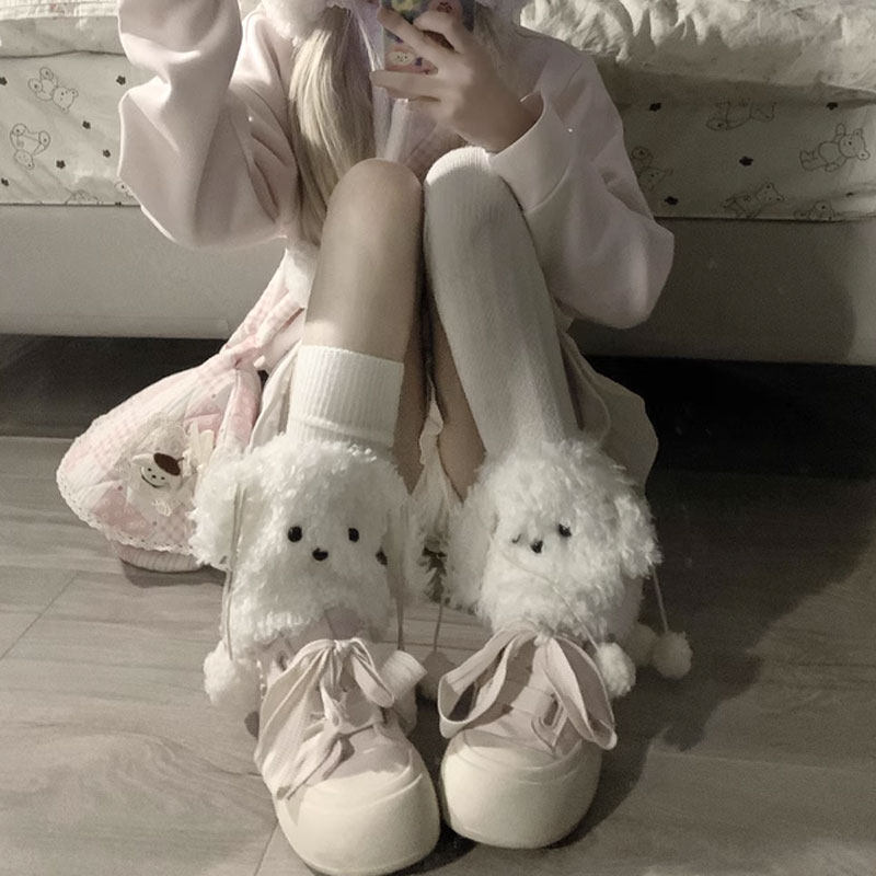 千禧年Y2K辣妹有趣毛卷毛大耳狗少女洛丽塔软妹可爱保暖袜套腿套