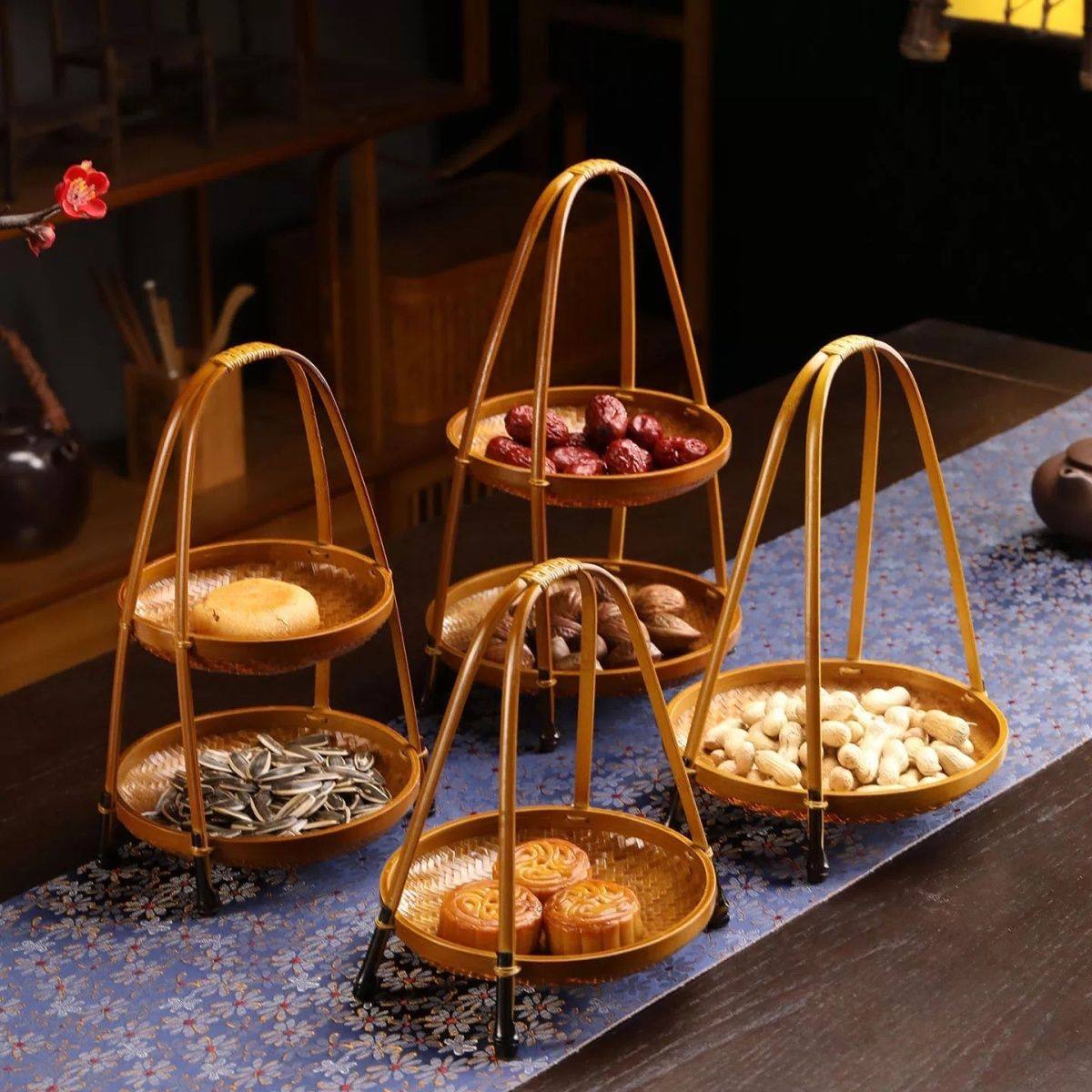 竹制品手工竹编复古双层点心篮糕点茶具收纳筐桌面零食篮圆形果盘,特色手工艺,竹编/竹雕,淘宝优惠券,粉丝福利购,淘宝优惠卷