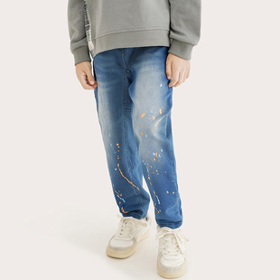 纯一良品童装男童牛仔裤男孩春秋新品中大童亲肤复古帅气泼墨长裤