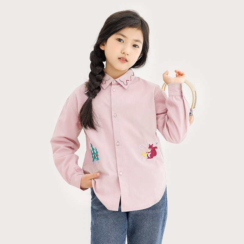 中大童女童绣花长袖衬衫长袖衬衫