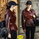 酒红色外套女冬 酷飒翻领夹克工装 热巴卫蓝同款 收腰皮衣羽绒服短款