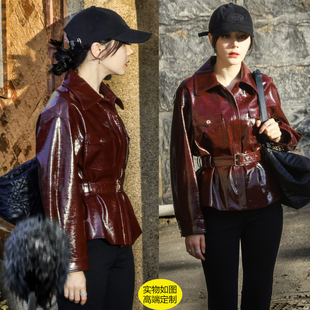 热巴卫蓝同款收腰皮衣羽绒服短款酷飒翻领夹克工装酒红色外套女冬