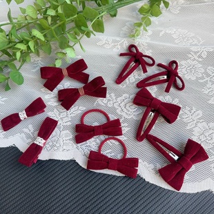 新年高级感水貂球鸭嘴儿童酒红丝绒蝴蝶结发夹气质公主结头绳BB夹