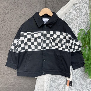 设计部落童装儿童时尚外套春秋季中大童拼接休闲百搭翻领牛仔夹克