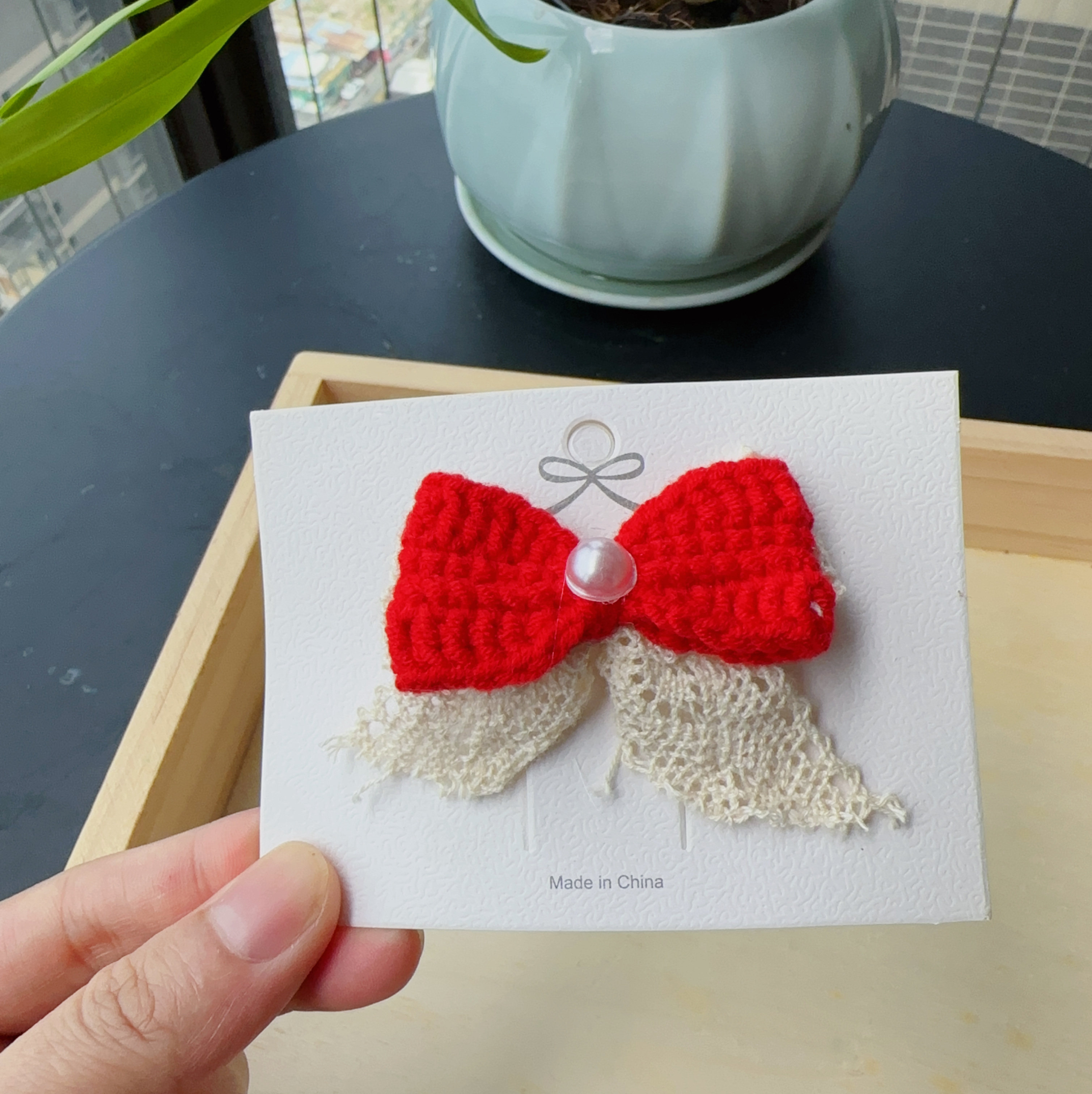 手工编织制品  圣诞老人 红色蝴蝶结  女童毛线发夹 甜美精致头饰