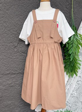 女童纯棉背带连衣裙夏季薄款森女中小童收腰系带宽松日系背带长裙