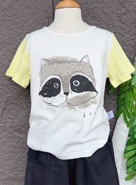 儿童纯棉短袖T恤男女童小浣熊印花插肩袖上衣 宝宝夏款百搭打底衫