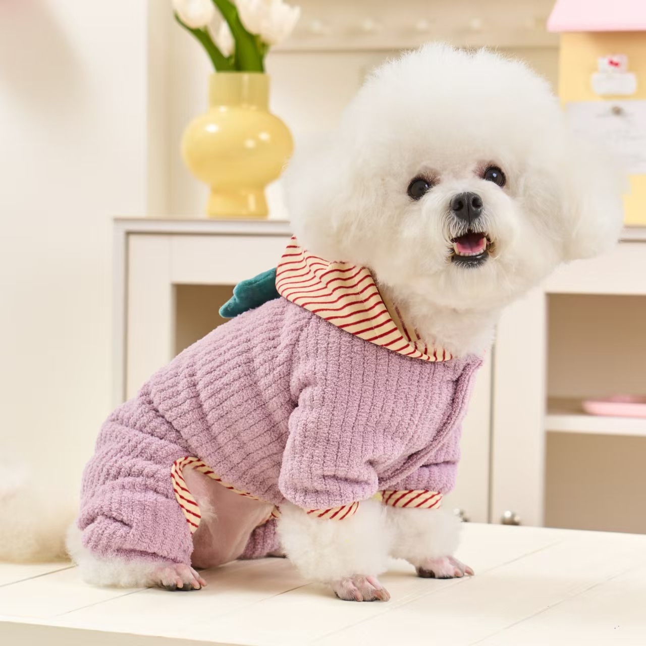 可爱宠物衣服中型犬狗狗带牵引比熊泰迪四脚绒衣冬季猫咪居家睡衣