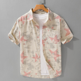 薄款 衬衫 休闲宽松流行男衬衣 潮流星星印花简约短袖 100%纯棉夏男装