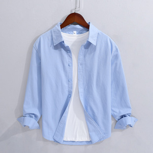 新品 春季 长袖 白色文艺男士 百搭青年简约休闲衬衣 衬衫 100%纯棉男装